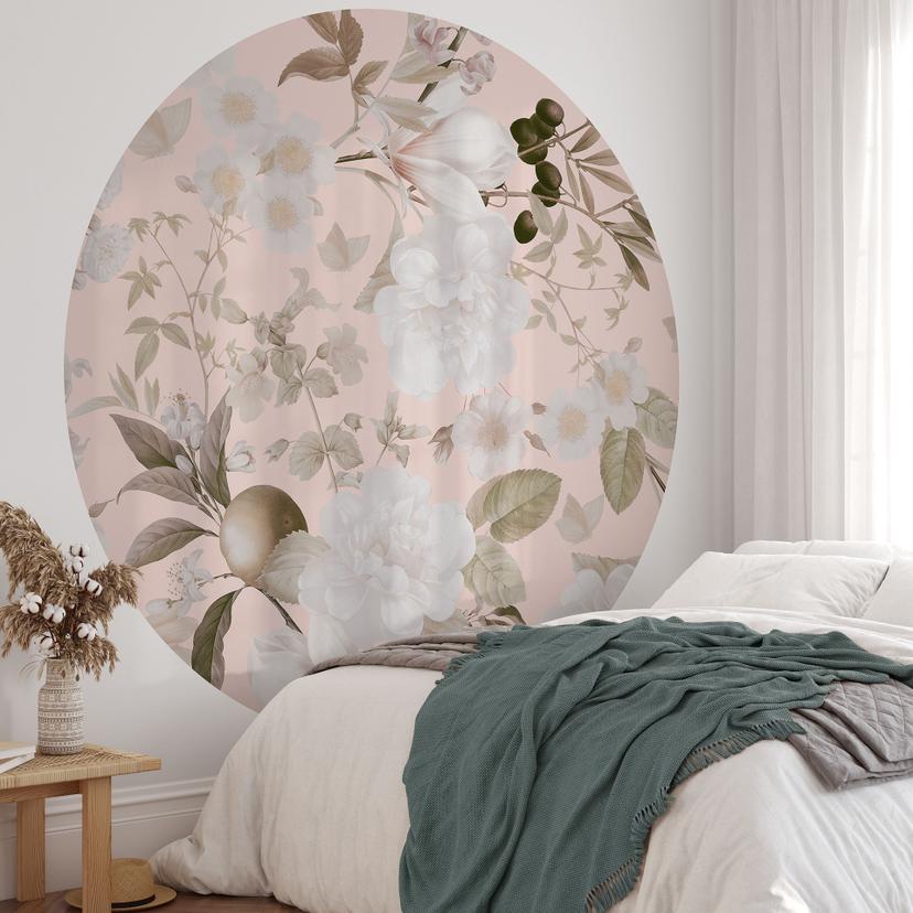 Tapet cirkel Boho-illustration med blomster og frugter - UN Designs - vliesetapet/selvklæbende non-w