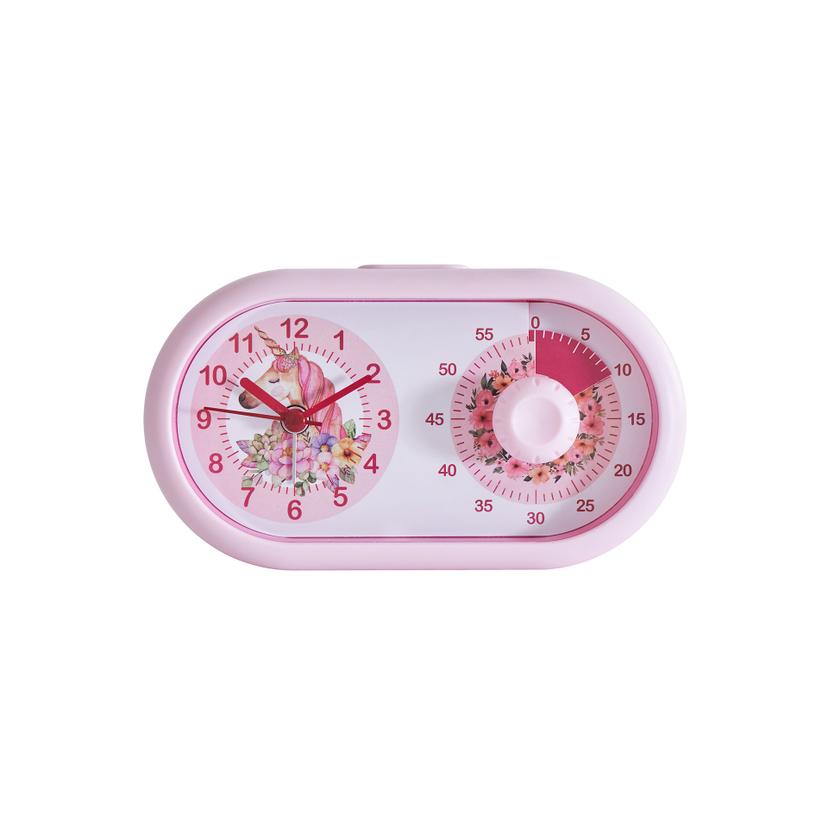 Kinderuhr Tischuhr mit Wecker und Timer-Funktion, Einhorn rosa, 16x9,5 cm
