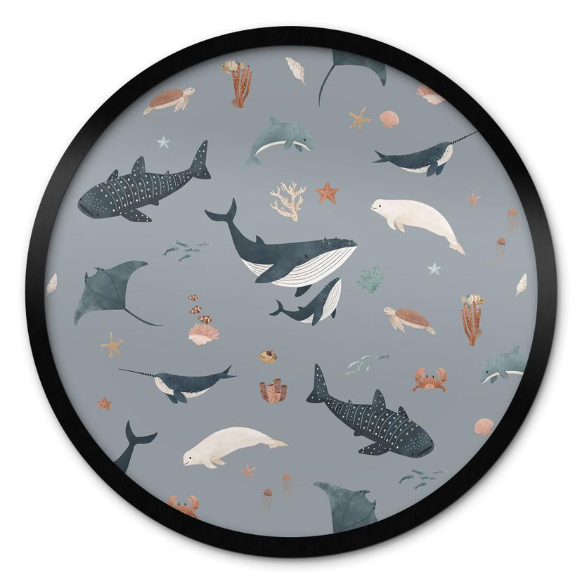 Plakat om den maritime undervandsverden - Hvaler og havdyr - Kikki Belle - Round