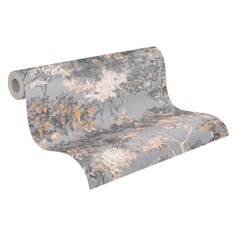 Papel pintado tejido-no tejido floral con árboles gris beige - papel pintado con aspecto de acuarela