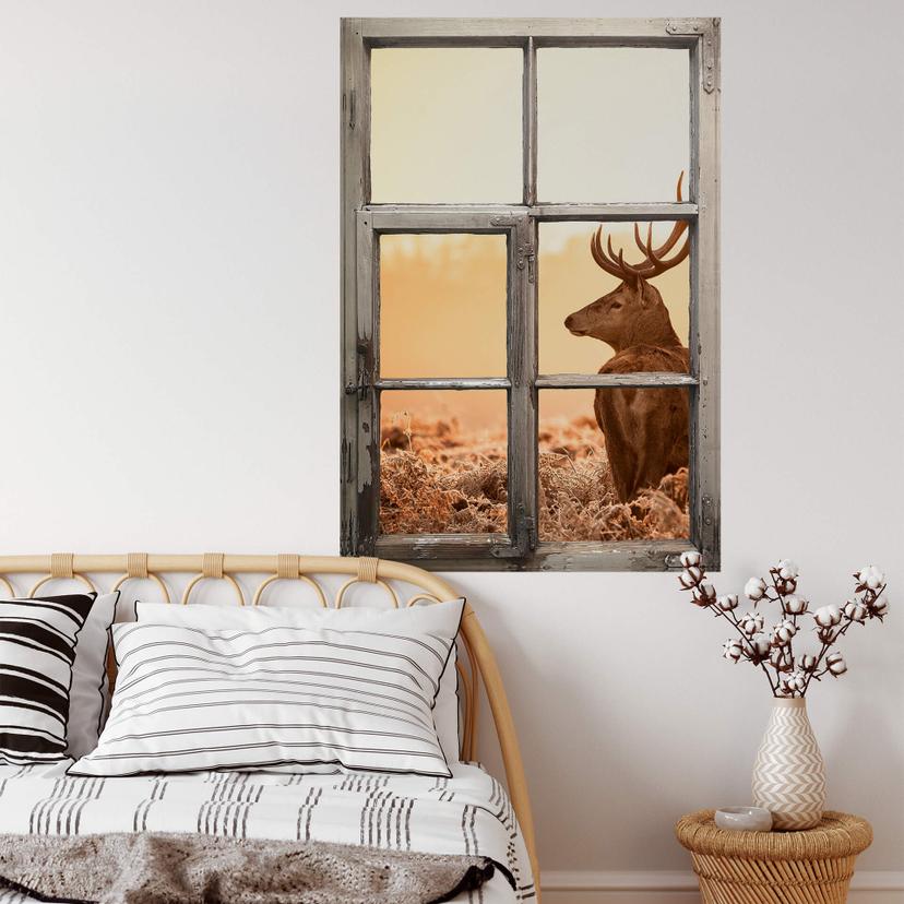 sticker mural 3D fenêtre shabby - cerf majestueux