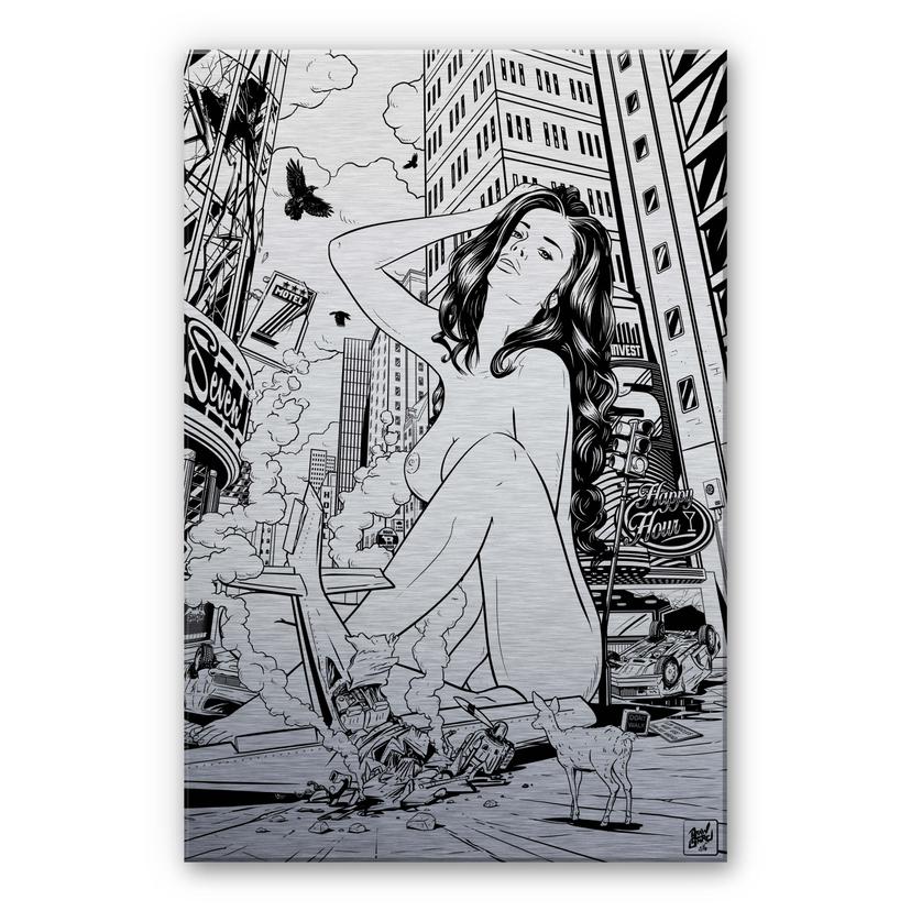 Alu-Dibond-Silberefekt - Drawstore - Desaster PinUp Plane Crash – print på aluminium (Alu-Dibond)
