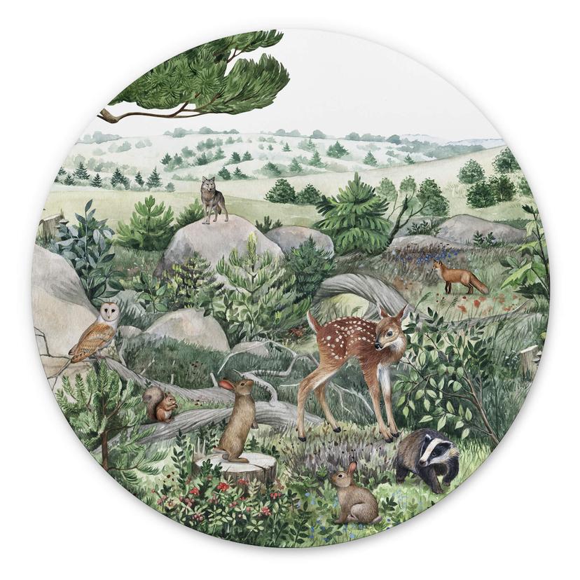Tableau sur alu-Dibond rond Kikki Belle - balade en forêt