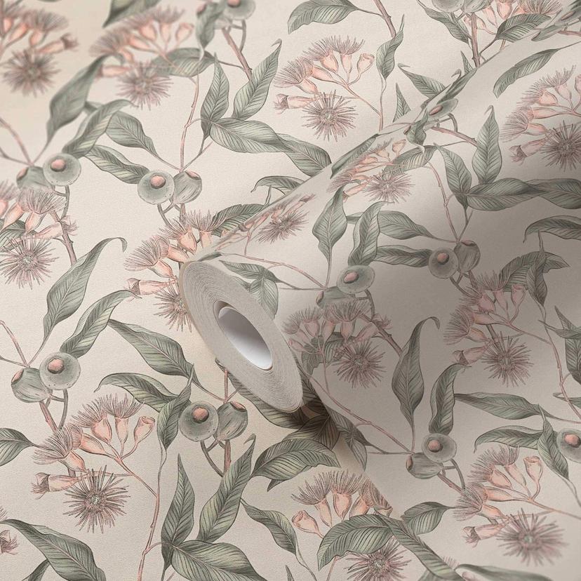 Papel pintado floral con ramas de olivo blanco gris - papel pintado no tejido floral con aceitunas