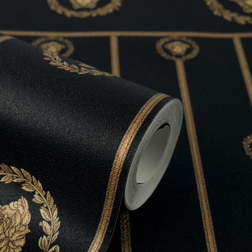 Papel pintado no tejido Versace I Love Rodapié barroco Medusa oro negro lujo