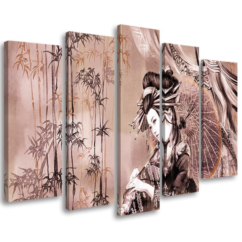 Lærred print 5 dele, geisha og bambus
