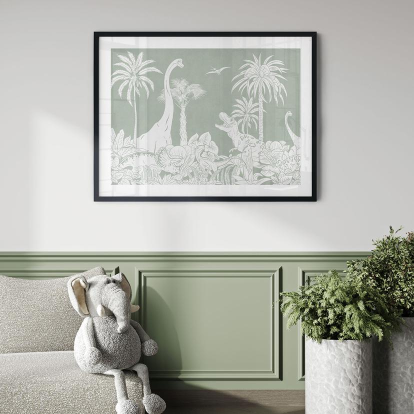 Poster Mondi primordiali verdi - Dinosauri sotto le palme - Kikki Belle