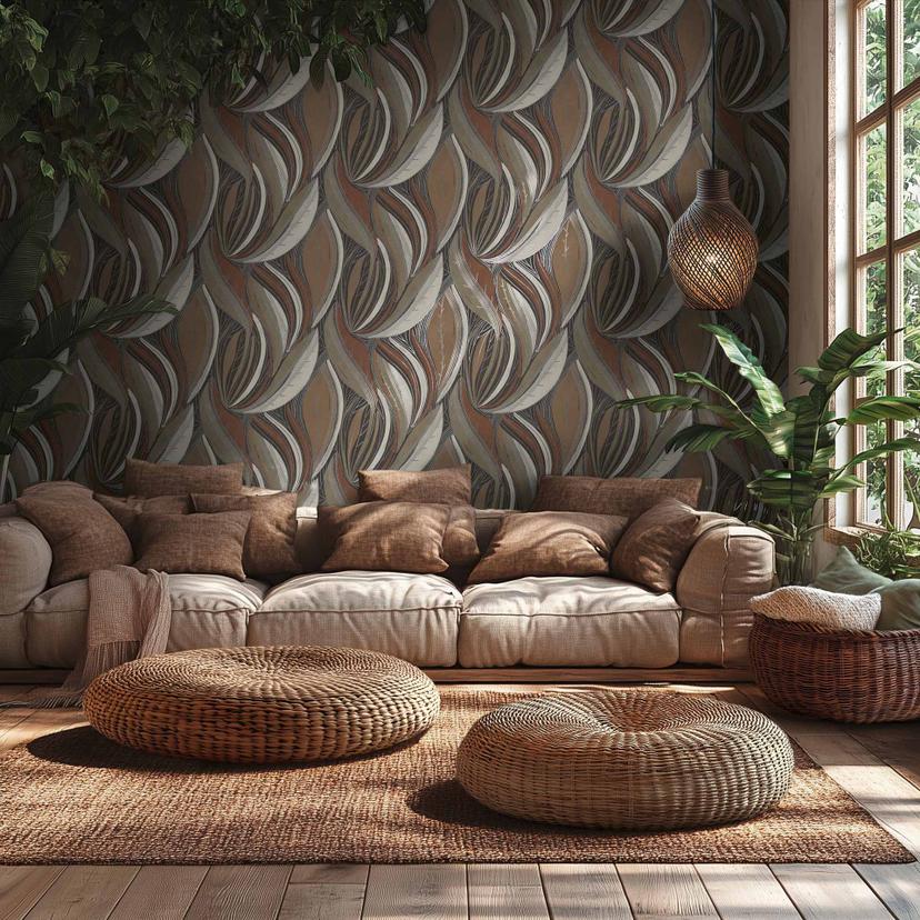 Jungle tapet brun beige hvid - bladgrafik moderne mat - Ikke-vævet tapet