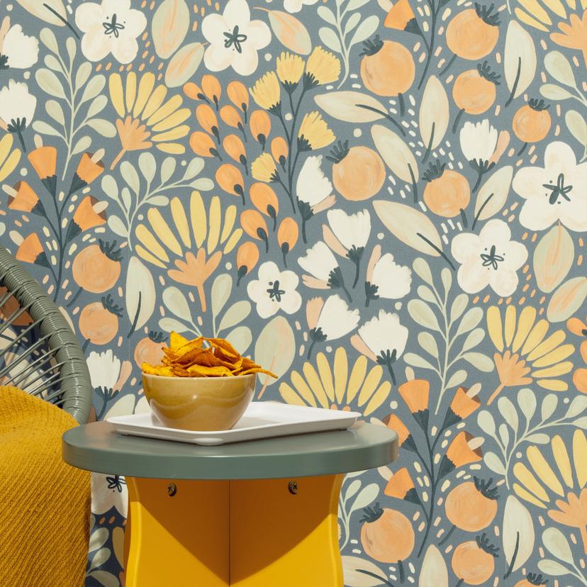 Ikke-vævet tapet, blomstermotiv tapet La Terrasse blå