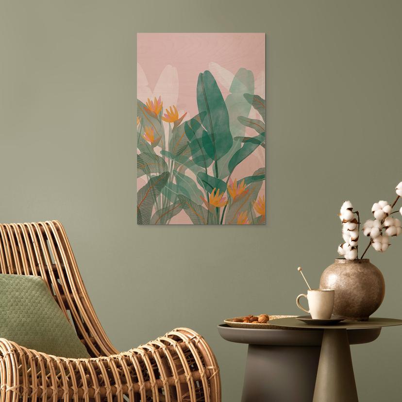 Houten Wanddecoratie botanische illustratie in groen en roze - Goed Blauw