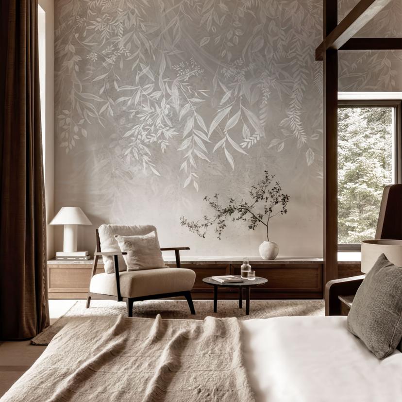 Fotobehang woonkamer natuurmotief - elegante wilgentakken in beige - Ms Tiff