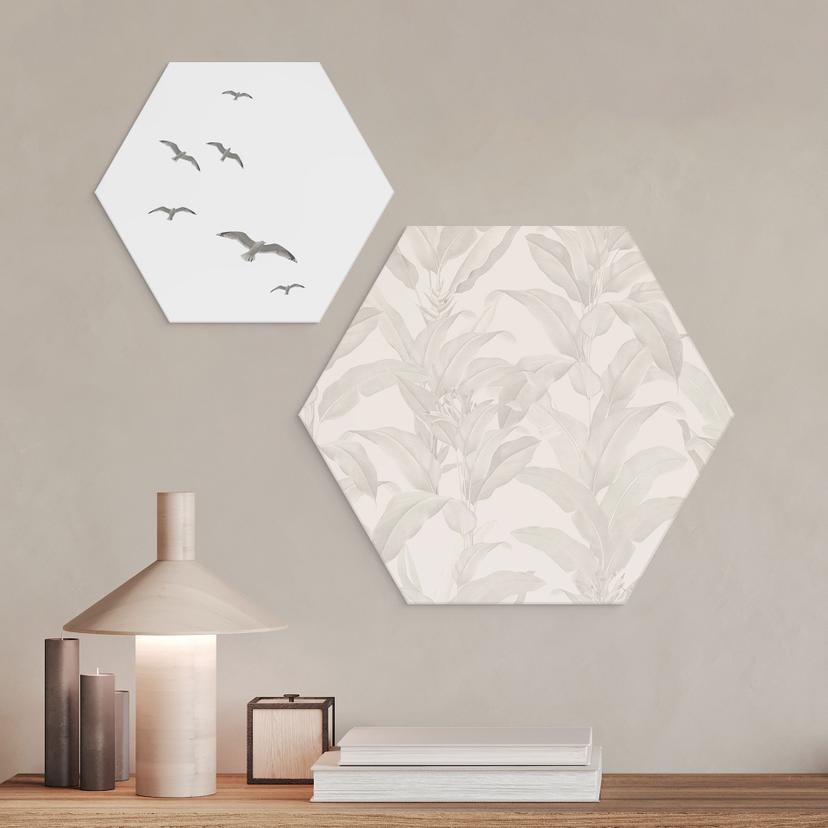 Stampe esagonali per pareti Urban Jungle Tropical Leaves Cream - Bloomery Decor - Dibond alluminio