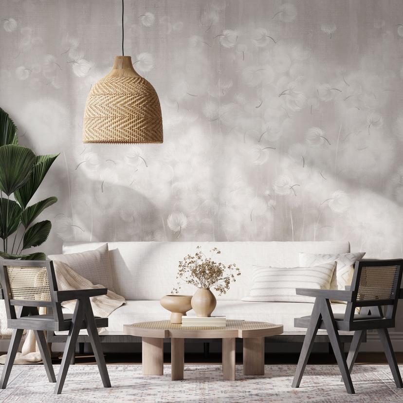 Bloemen behang Fotobehang paardenbloemen droom in beige - Ms Tiff