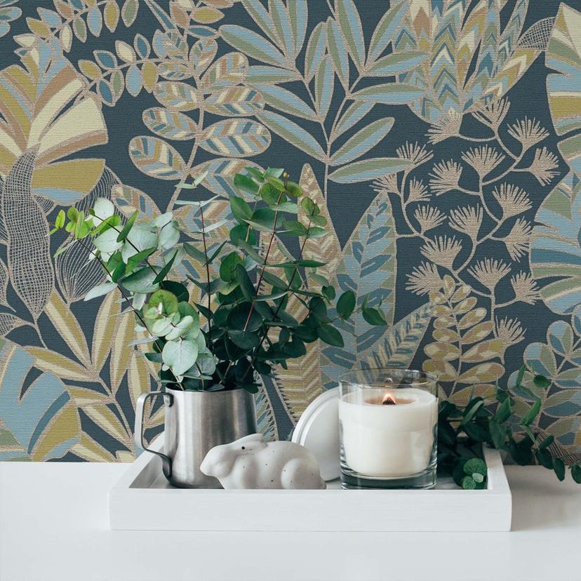 Jungle papier peint bleu or vert plantes papier peint intissé feuilles floral