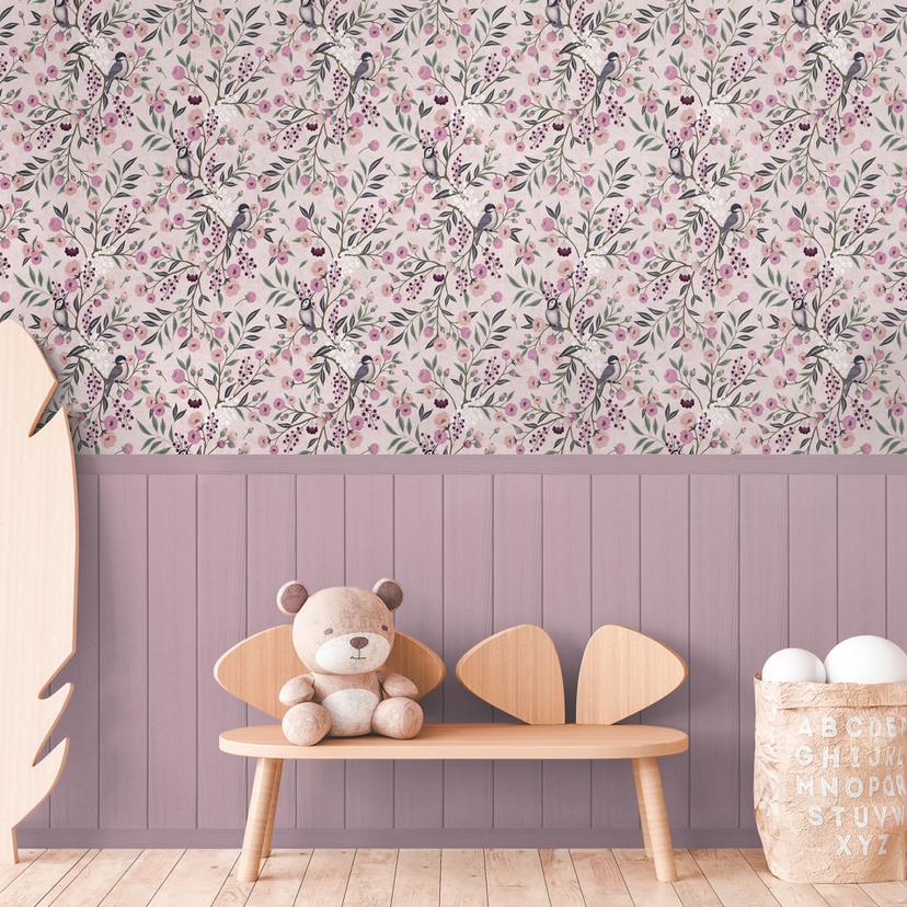 Birds & Branches Pink - blomstermønster med træpanel - ikke-vævet tapet, der kan udvides