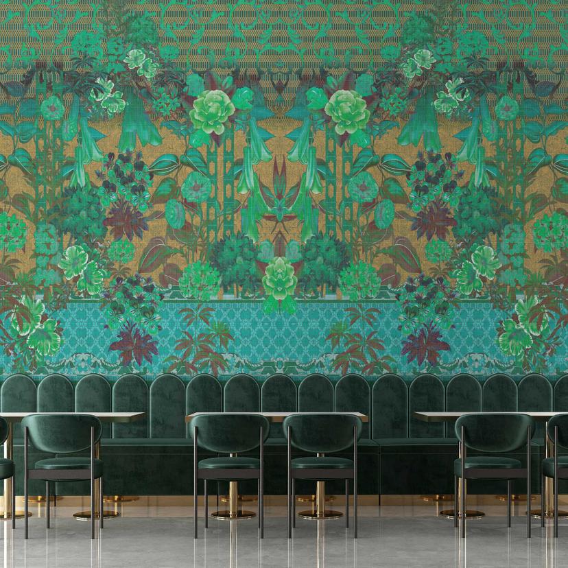 Klassisk vintage blomstertapet - grønne accenter på guld - non-woven