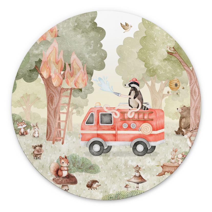 Wanddecoratie Dieren Brandweer in het Bos - Oliver Robins - Alu-Dibond - Rond