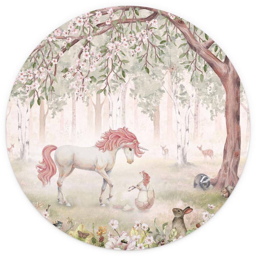 Kinderzimmer Fototapete Märchenhafter Wald mit Einhörnern - Kikki Belle - Rund - Selbstklebend/Vlies