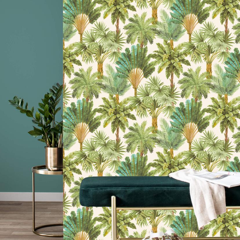 Papier peint intissé Rasch, papier peint à motifs Salsa vert fougère et marron