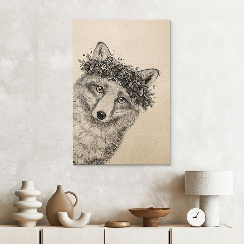 Cuadro de madera zorro blanco y negro con corona de flores - Korenkova