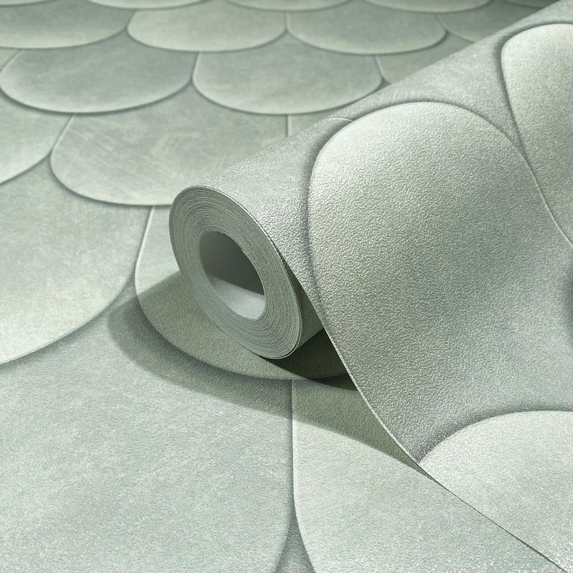 Non-woven tapet i grönt 3D-look skalor vintage begagnad look geometrisk