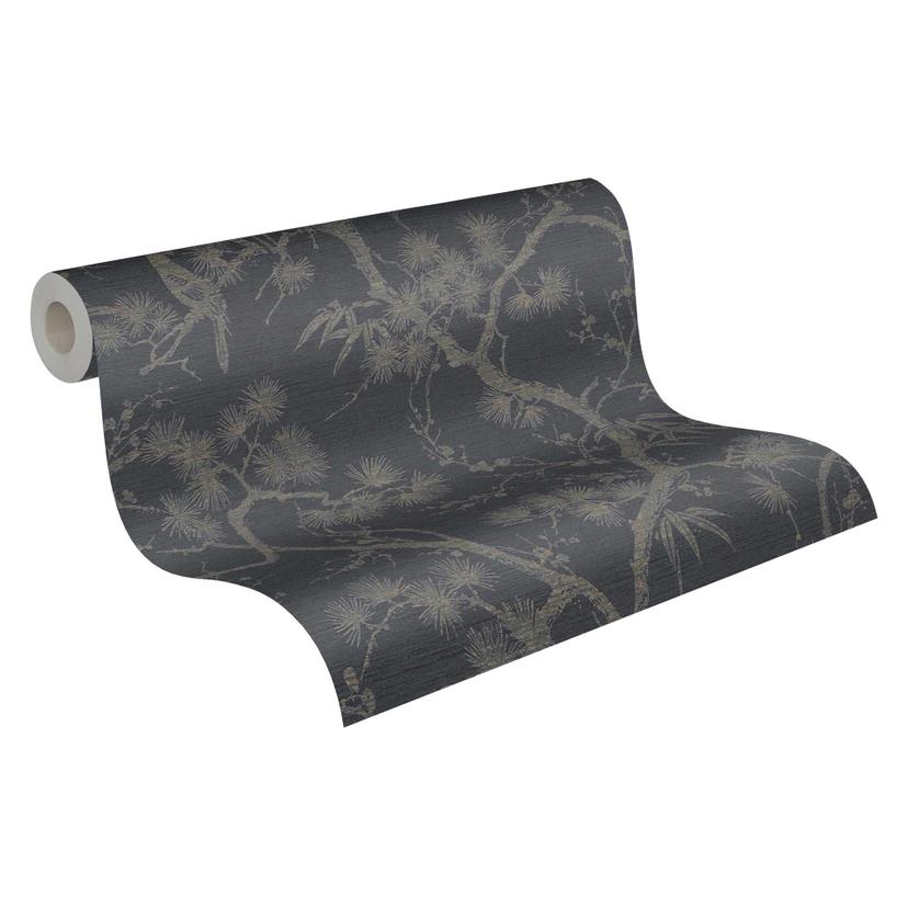 Papel pintado tejido-no tejido Livingwalls Metropolitan Stories Papel pintado asiático con bonsai Mio Tokyo gris, negro