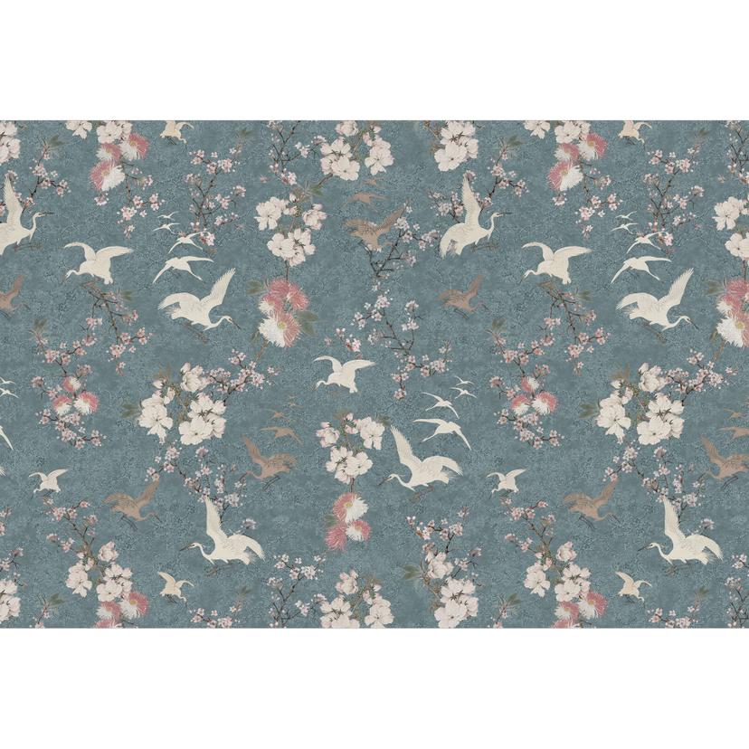 Fototapet i Japandi-stil - Kranar i körsbärsblom Rush Blue - Bloomery Decor