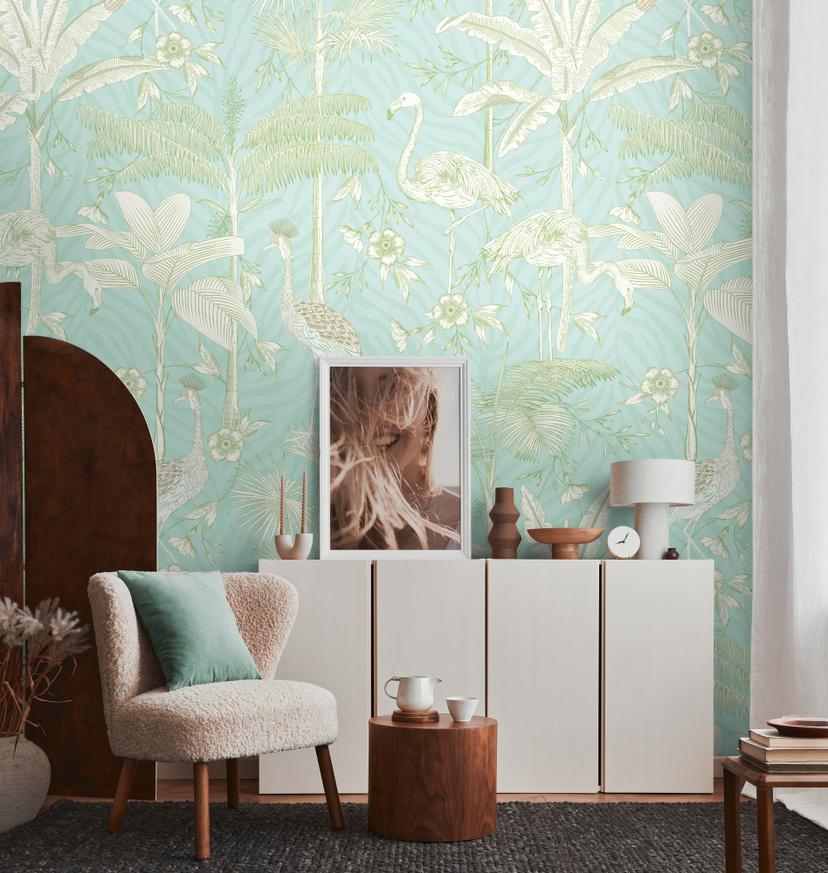 dyretapet turkis hvid - non-woven tapet insekter & dyr Livingwalls - mat og glat