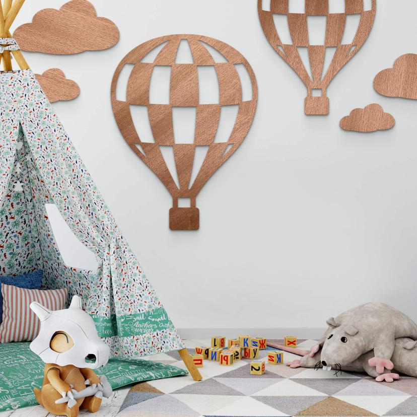 Decoración en madera caoba - globo aerostático a cuadros
