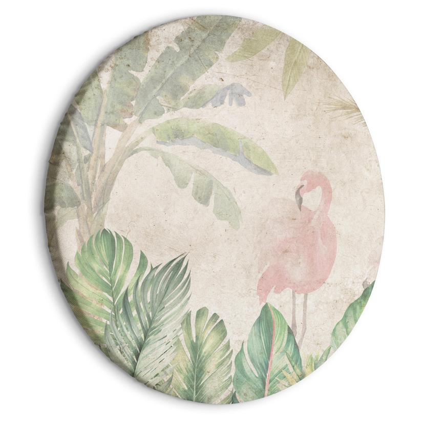 Rundes Leinwandbild Vögel waten in exotischer Flora | Rosa Flamingo meets Palme