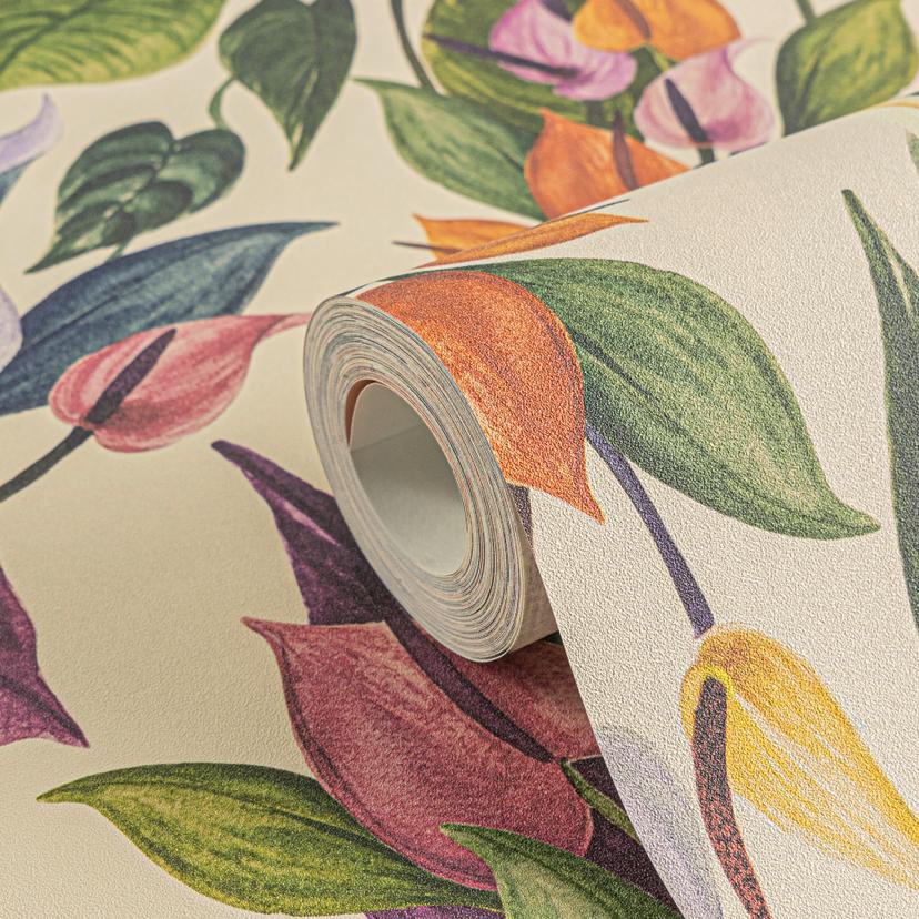 Papel pintado Floral anturios colorido sobre crema - Papel pintado floral tropical - Papel pintado n
