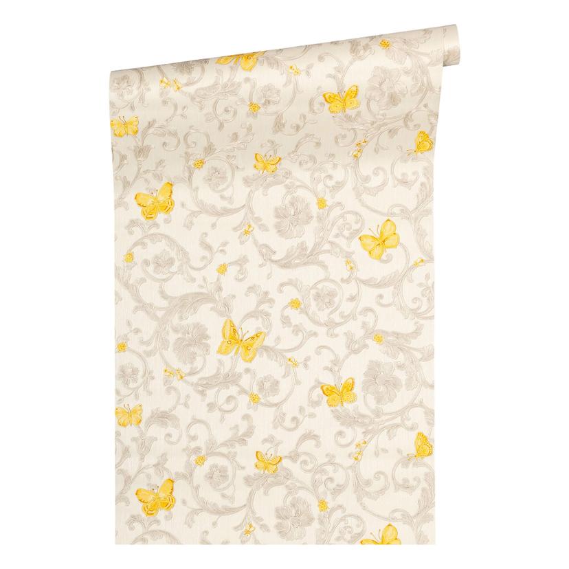 Versace tapet, Fleecetapet Butterfly Barocco Baroktapet med ornamenter, gul, guld, creme