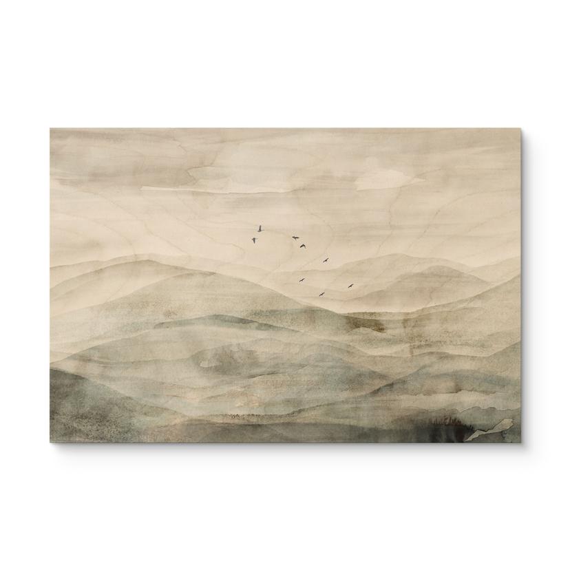 Houten Wanddecoratie Mistig berglandschap aquarel - Ms Tiff