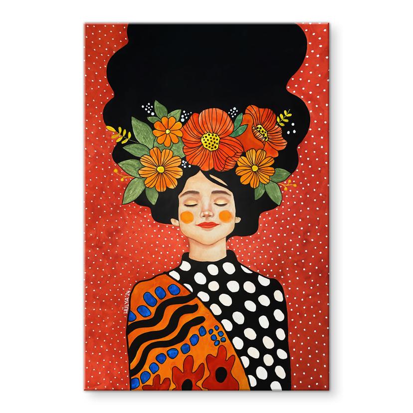 Akrylbillede Smilende kvinde med orange blomster - Hülya