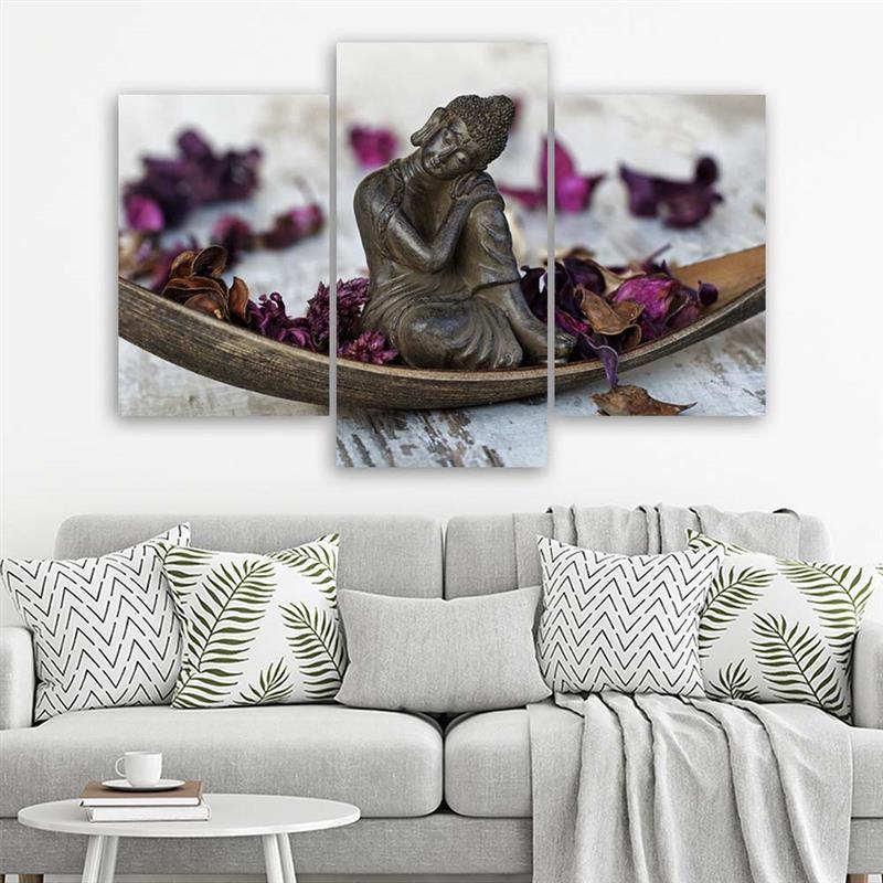 Stampa su tela 3 pezzi, Buddha Zen fiori viola
