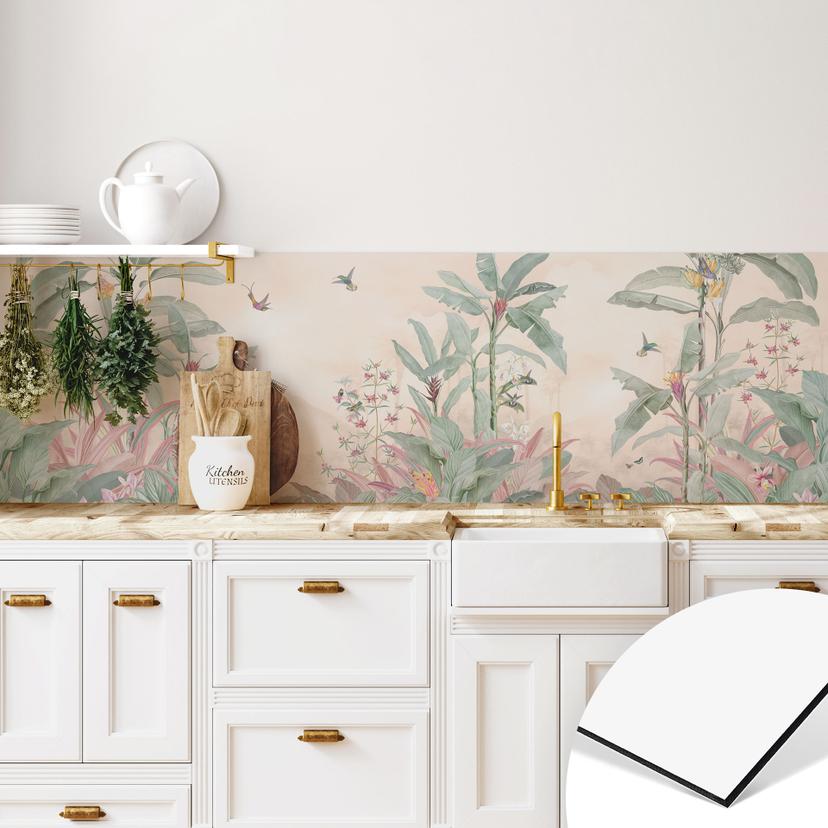 Stænkplade til køkken Tropisk idyl med kolibri abrikos - Bloomery Decor