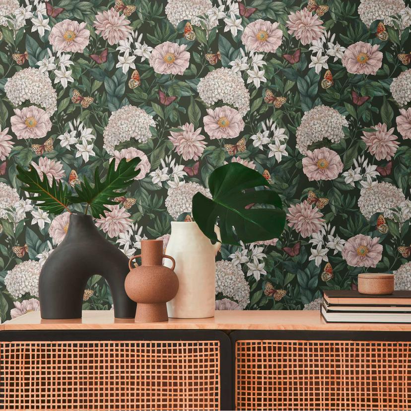 blomstertapet med sommerfugle grøn hvid - non-woven tapet med lyse blomster