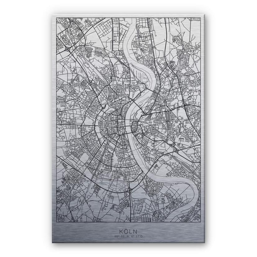 Alu-Dibond mit Silbereffekt Stadtplan Köln