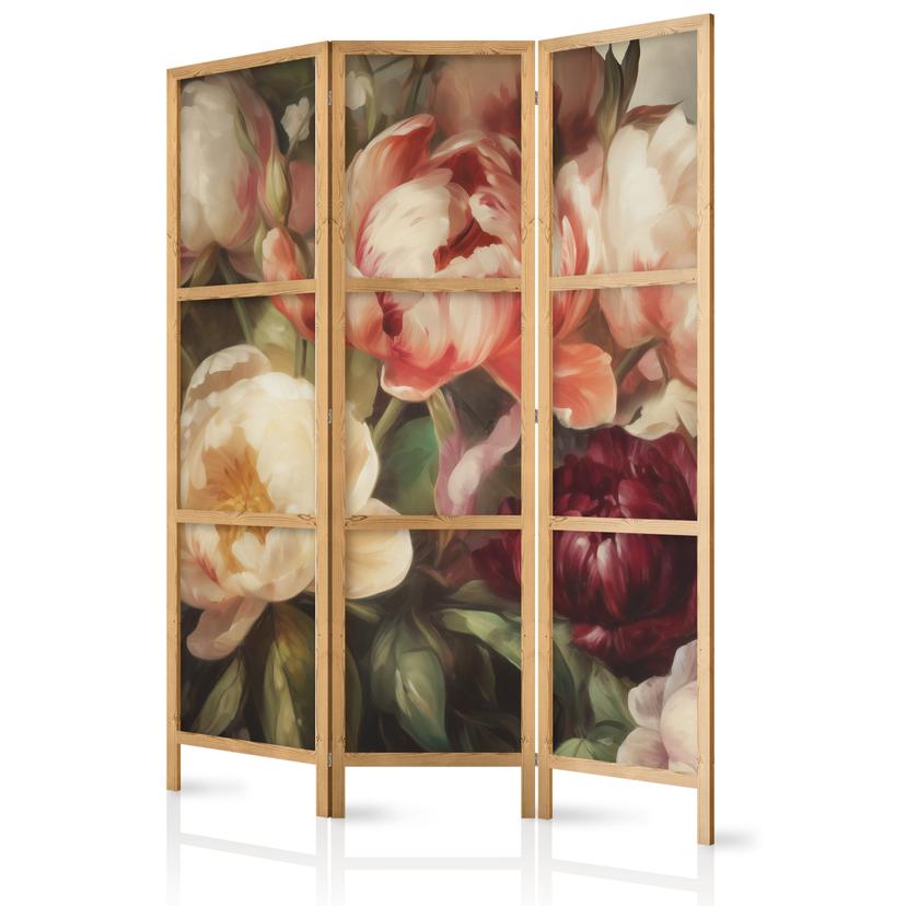 Japanischer Paravent, Raumteiler freistehend, Trennwand - Blooming Sunlit Peonies