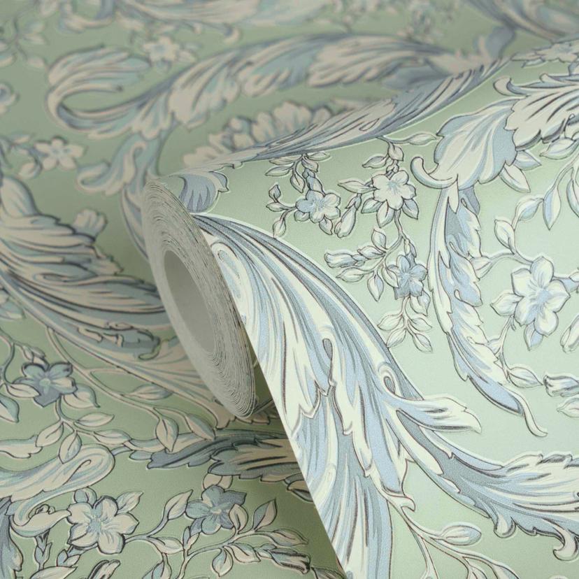Carta da parati in tessuto non tessuto Versace Barocco Neo classico viticci floreali verde blu bianc