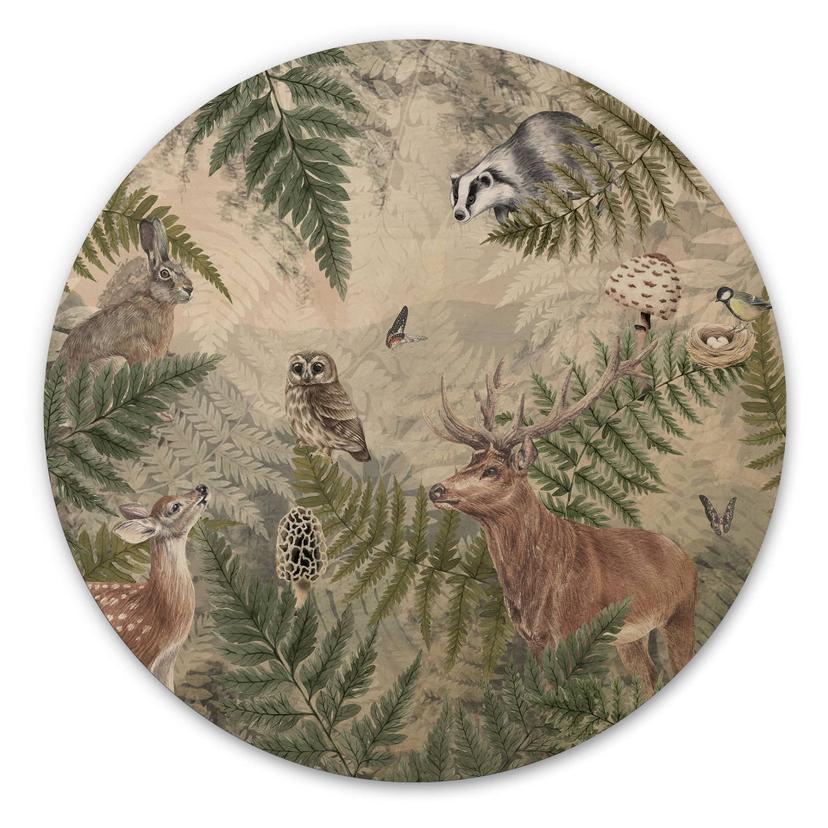 Houten Wanddecoratie bosdieren tussen varens en bladeren - Ms Tiff - Rond