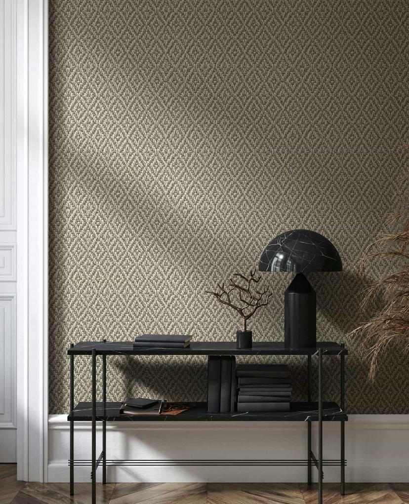 vliesbehang in 3D ruitpatroon beige, grijs textiel look
