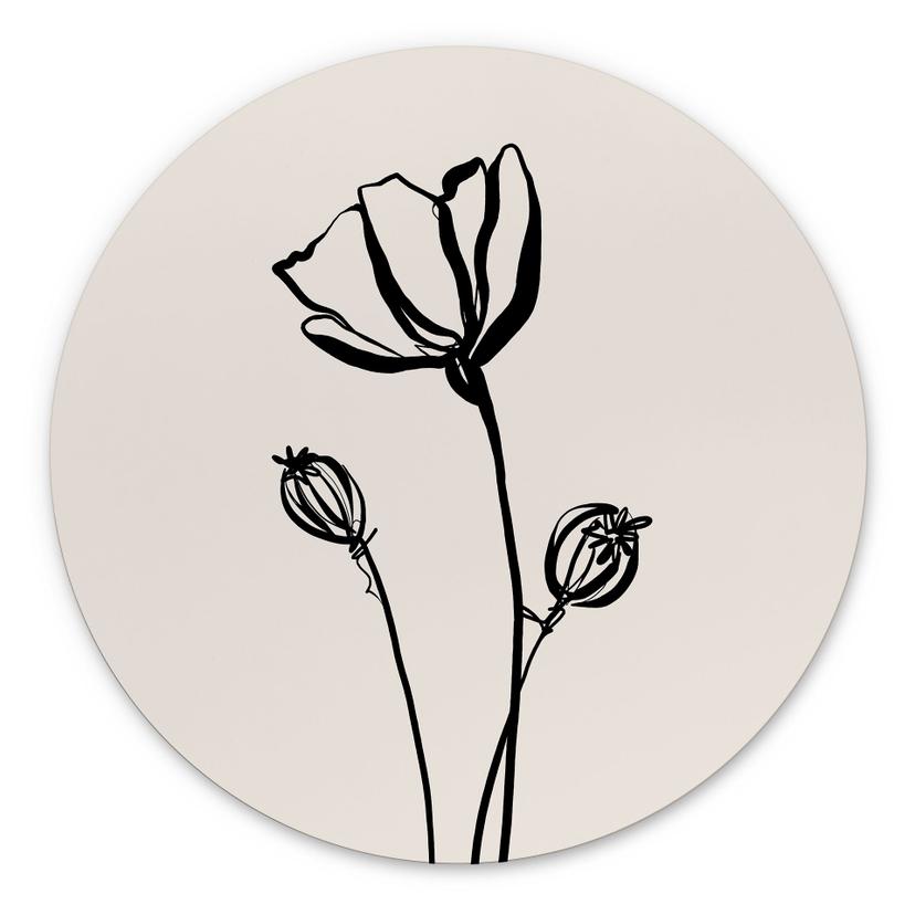 Billede af Line Art Poppy - Cats & Dotz - rund – print på aluminium (Alu-Dibond)
