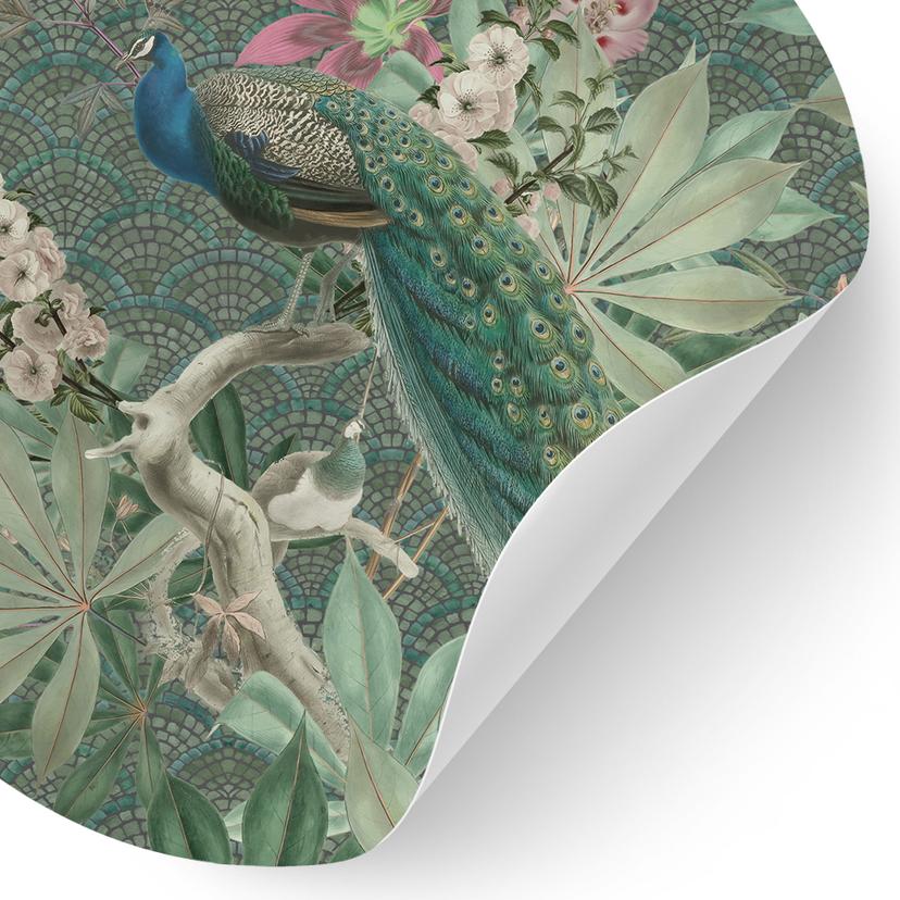 Påfågel i tropisk trädgård Wallsticker på mosaik - Bloomery Decor - Rund