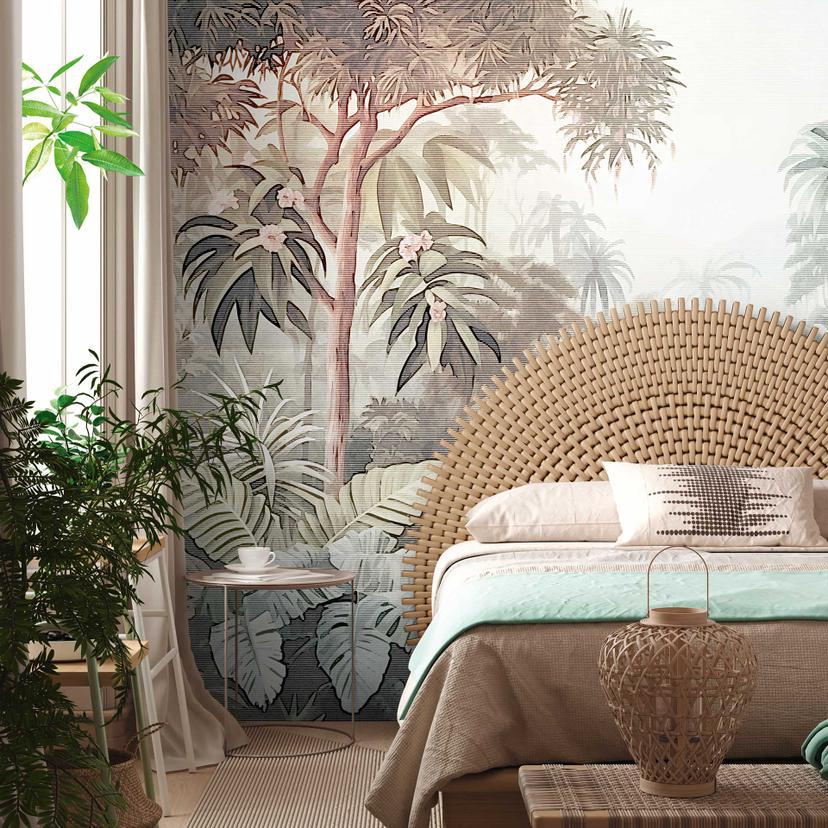 Jungle Green Brown - 3D non-woven tapet med tropisk motiv til stuen