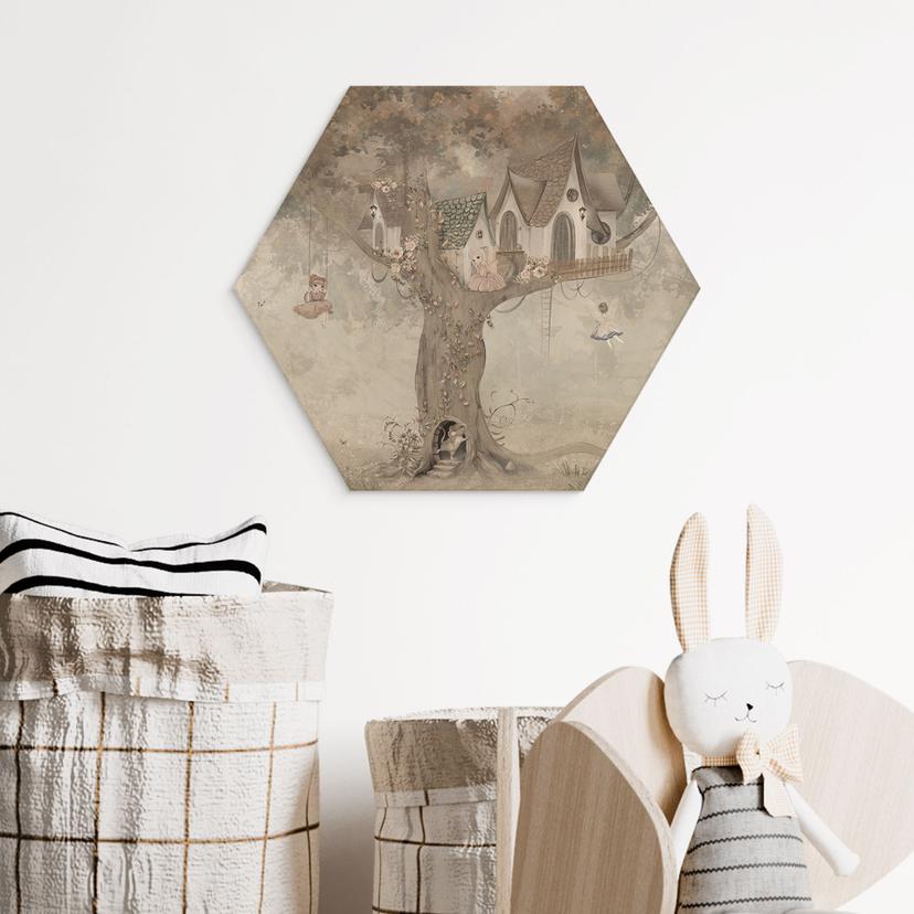 Hexagon Holzbild Magisches Baumhaus mit Feen - Ms Tiff