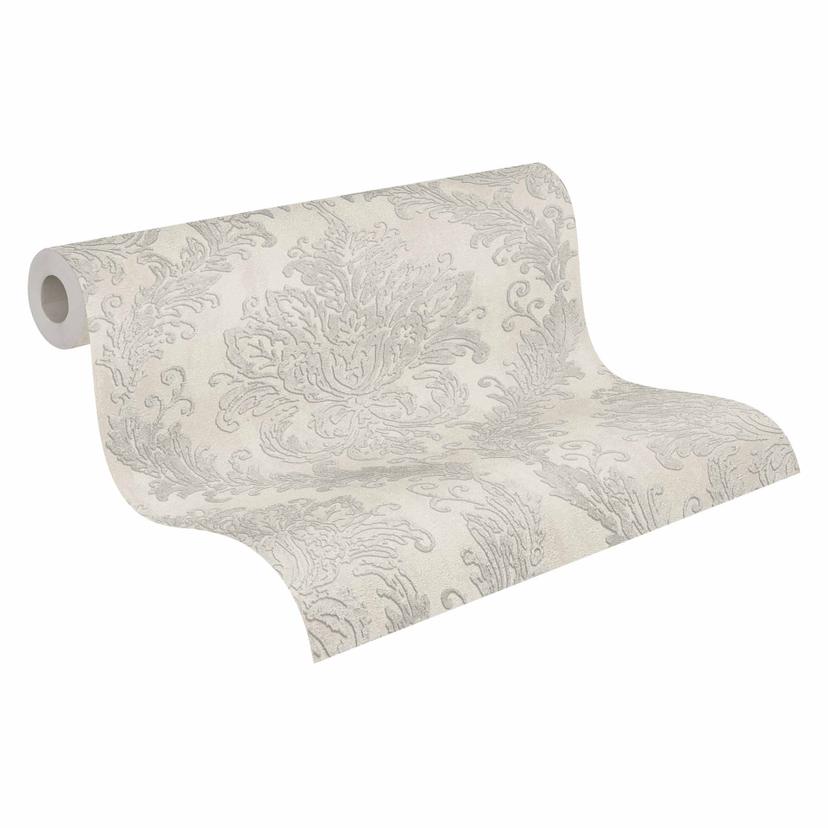 Carta da parati barocca crema argento - Carta da parati in tessuto non tessuto con motivi ornamental