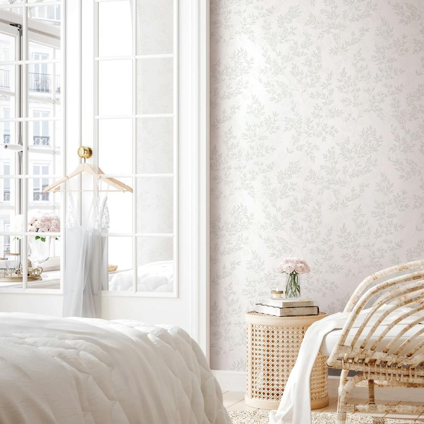 Papel pintado no tejido hojas naturaleza floral mate en blanco verde
