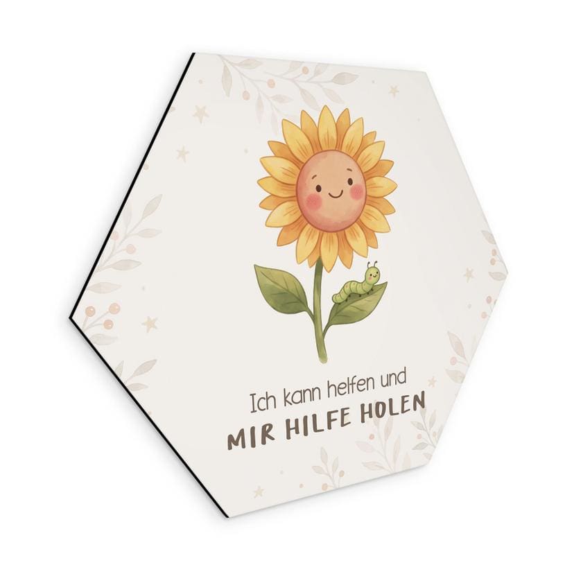 Alu-Dibond Hexagon mit Sonnenblume - positiver Spruch 'Ich kann helfen'