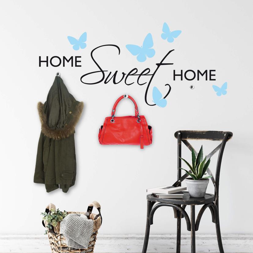 Sticker mural - Home Sweet Home et papillons + 3 crochets